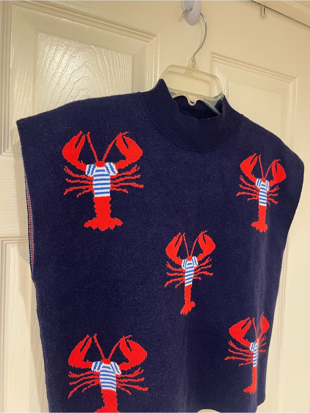 New Navy with Red Lobster Pattern Short Sleeve Sweater Top - Picture 5 of 7